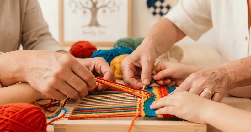 Manos de adultos y de niños tejiendo juntas en un telar de lanas de colores